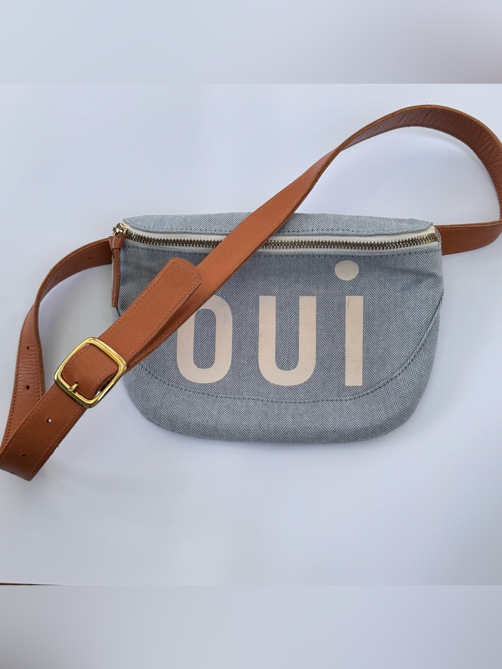Clare V. “OUI” Herringbone Denim
Fanny Pack / Belt Bag with leather belt